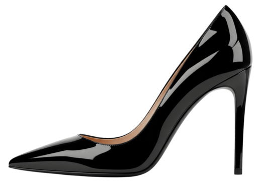Elegant black patent leather stiletto high heel shoe on black background