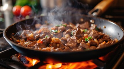 Juicy chunks of beef are searing in a black frying pan, with fresh herbs sprinkled on top, emitting steam as they cook over a lively orange flame on a gas stove, with blurred vegetables in the