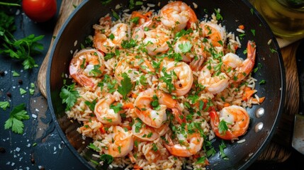This image shows a close-up of a pan full of cooked rice mixed with succulent, pink shrimp, all garnished with chopped fresh herbs, likely parsley, adding a vibrant contrast of green. The rice looks