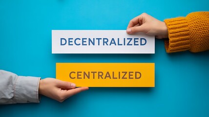 Comparison between decentralized and centralized systems held by two hands
