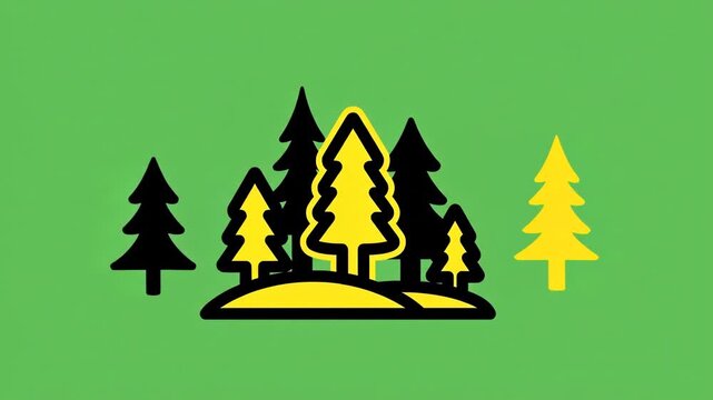 Stylized forest scene with black and yellow pine trees on a green background, featuring a cluster and a single tree