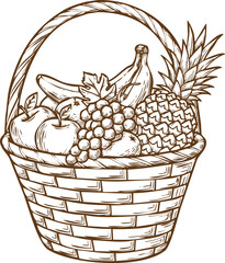 An engraving art style illustration hand drawn sketch of a wicker basket filled with various fresh fruit like pineapple, banana, and grape