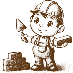An engraving art style illustration cute cartoon child construction worker wearing hard hat holding trowel and brick with small stack of brick
