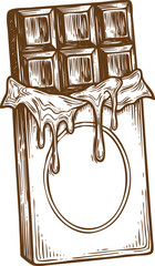 An engraving art style illustration hand drawn sketch of a delicious chocolate bar partially unwrapped with melting drips