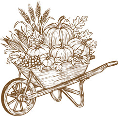 An engraving art style illustration hand drawn sketch of a wheelbarrow filled with pumpkins, wheat, and autumn foliage