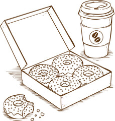 An engraving art style illustration hand drawn sketch of a box of four donuts with one bitten donut and a takeaway coffee cup