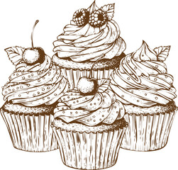 An engraving art style illustration hand drawn sketch illustration of four delicious cupcakes with frosting and berry topping