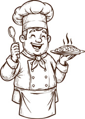 An engraving art style illustration hand drawn sketch of a happy cartoon chef in uniform holding a serving spoon and a plate of hot steaming food