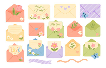 A charming set of pastel floral envelopes and greeting cards decorated with flowers, hearts, and butterflies perfect for spring, love notes, invitations, and cute stationery designs
