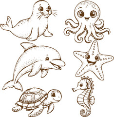 An engraving art style illustration collection of cute hand drawn sketch style sea animal characters including seal, dolphin, turtle, octopus, starfish, and seahorse