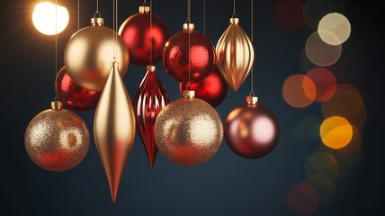 Festive christmas ornaments hanging with golden and red decorations

