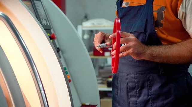 Production of seals on the CNC machine. the worker measures the dimensions of the rubber gasket with a vernier caliper