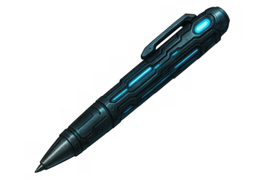 Futuristic pen design with glowing blue neon lines, concept for digital writing and sci-fi technology, transparent background