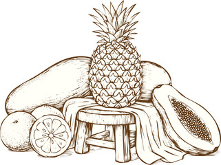 An engraving art style illustration vintage style hand drawn illustration of tropical fruit arrangement featuring a pineapple, papaya, and citrus fruit