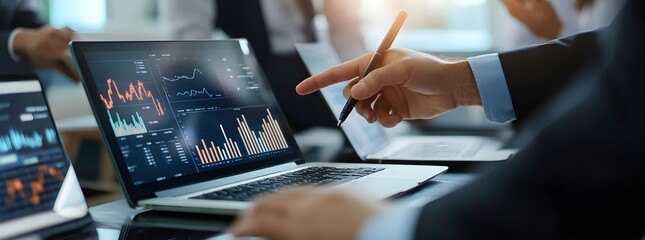 Business people collaborating on financial data on laptops