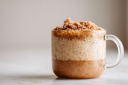 Mug cake with brown sugar in a clear glass mug.
