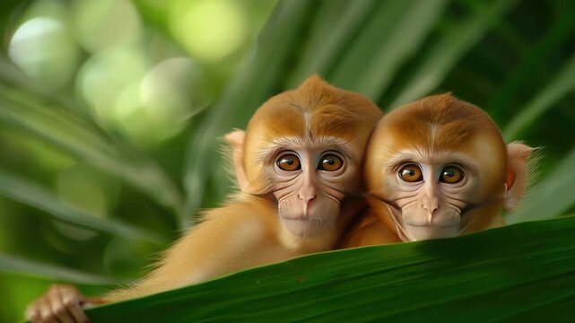 Two young monkeys exhibit curiosity as they hide behind a large green leaf, surrounded by a vibrant natural setting filled with foliage