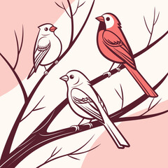 Three birds perched on branches in a minimalist illustration.