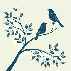 Two birds perched on a tree branch with leaves.