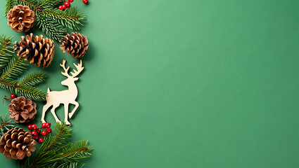 A rustic Christmas background with a top border of pine cones, a wooden reindeer, and fir branches on a green surface.
