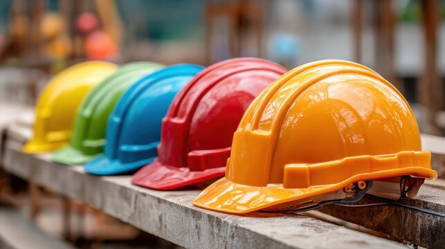 Colorful hard hats arranged in a row on a construction site showcasing safety and teamwork in the construction industry