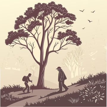 Two Figures Walking on a Path Under a Large Tree.