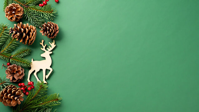 A rustic Christmas background with a top border of pine cones, a wooden reindeer, and fir branches on a green surface. - Powered by Adobe