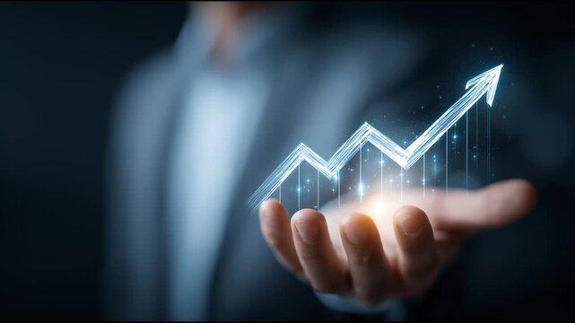 Growth Trajectory: An illuminated arrow gracefully ascends from an outstretched hand, a powerful visual of progress, innovation, and unwavering momentum. 