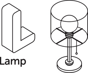 Isometric Letter L and Desk Lamp Outline alphabet