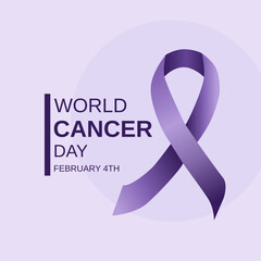 Purple awareness ribbon illustration dedicated to World Cancer Day. Vector illustration.