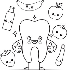 Happy cartoon tooth surrounded by healthy food and drink