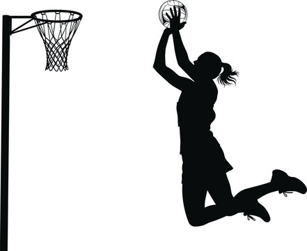 Black silhouette of a woman playing netball jumping to shoot, netball, silhouette, woman, player, sport, game, action, jumping, shooting, ball, hoop, goal, athletic, female, active, competition, movem