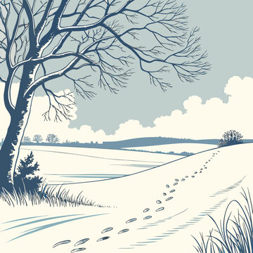 Winter Landscape with SnowCovered Field and Bare Tree.