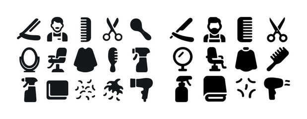 Barber and salon tools: scissors, comb, mirror, razor, hairdryer icons