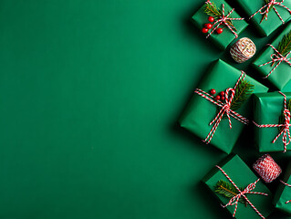 A stylish Christmas flat lay with a corner border of green gift boxes on a dark green background.