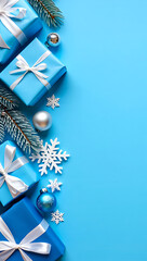 A cool and modern Christmas background with a side border of blue gifts, silver ornaments, and snowflakes on a blue surface.