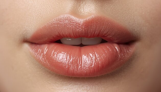 Primer&iacute;simo primer plano de labios brillantes color melocot&oacute;n, piel perfecta y est&eacute;tica editorial