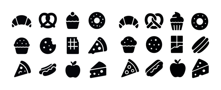 Assorted black food icons: pastry, desserts, snacks, fruits, fast-food