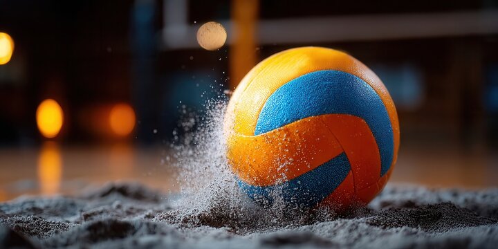 Dynamic volleyball mid-action, sand spraying, capturing intense sport energy and athletic pursuit