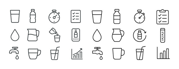 Collection of hydration icons: bottles, glasses, timers, charts, and faucets