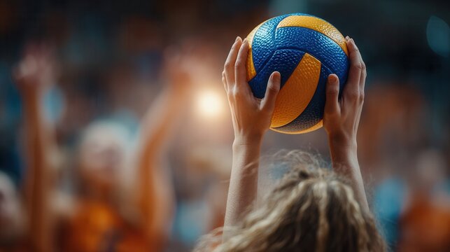 Determined athlete serving volleyball with intense focus during championship match, capturing the thrill of victory and athletic prowess. - Powered by Adobe