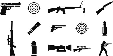 Collection of black firearm and target icons pistol, gun, pistol, rifle, shotgun, bullet, ammunition, target, scope, silhouette, shooting, weapon, firearm, hunting, sport, military, police, crime, dan