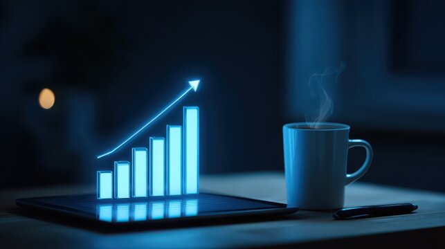 Digital graph with upward trend displayed on tablet beside steaming coffee cup in warm ambient lighting setting great for business and finance themes