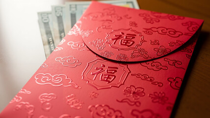 Red envelope with money and embossed pattern on wooden table  