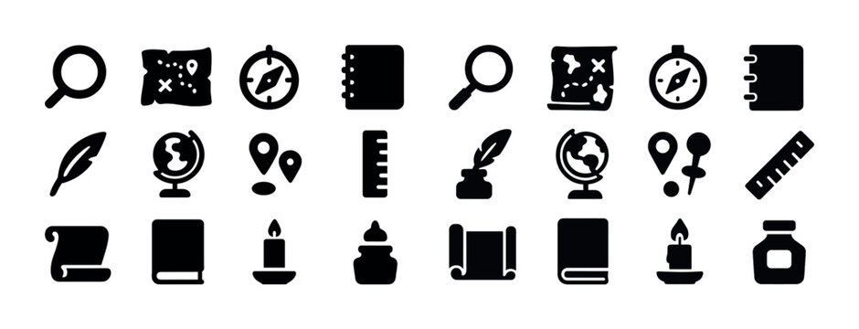 Collection of navigation and writing black icons featuring maps, compasses, and notebooks