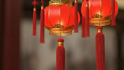 Red lanterns hanging with long tassels in traditional Chinese style  