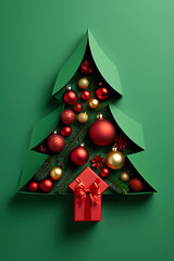 A creative 3D papercraft Christmas tree, emerging from a green background with red and gold ornaments inside.