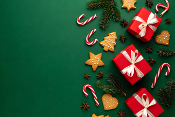 A festive Christmas flat lay with a corner border of red gift boxes, candy canes, and cookies on a dark green background.