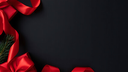 An elegant, minimalist Christmas background with a red ribbon and fir branches creating a border on a black surface.