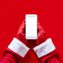 Santa Claus's hands hold a smartphone with a blank white screen and credit cards, representing online holiday shopping.